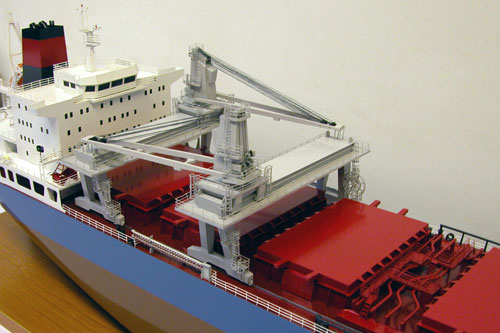 Scale model of bulk carrier Probo Panda, hatch covers, cargo cranes and cargo manifolds