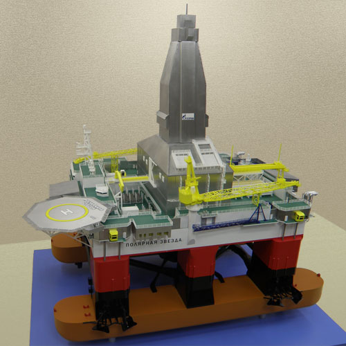Scale model of drill platform Polyarnaya Zvezda, view on portside