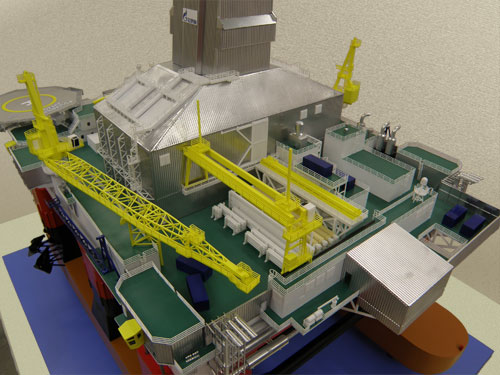 Scale model of drill platform Polyarnaya Zvezda, view on aft
