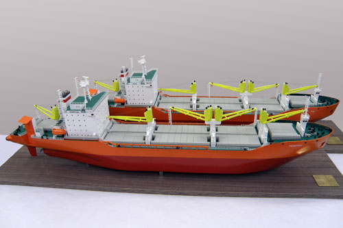 Scale models of icebreaking cargo vessels Kemerovo and Okha (type Norilsk project SA-15) together, view on starboard