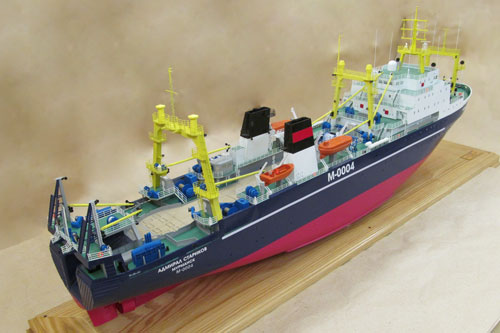 Scale model of trawler Admiral Starikov, aft view